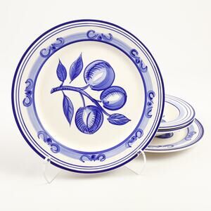 Lillian Vernon Hand Painted Ceramic 10.5" Plates & 9" Bowls Blue White Fruit